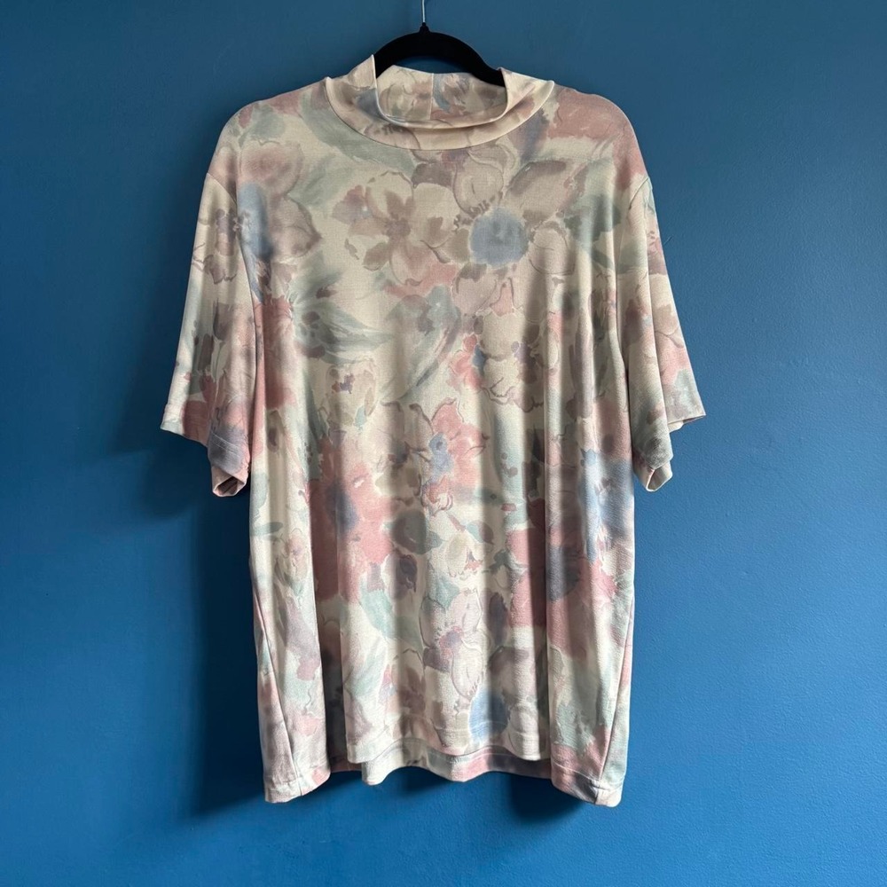 Vintage 90s Mockneck Women's Plus Size 18/20 Floral Muted Kathie Lee Stretch